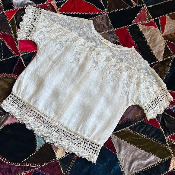 Vintage Tops - Vintage Cloak of many Colors Linen + Lace Embroidered Edwardian Inspired Blouse